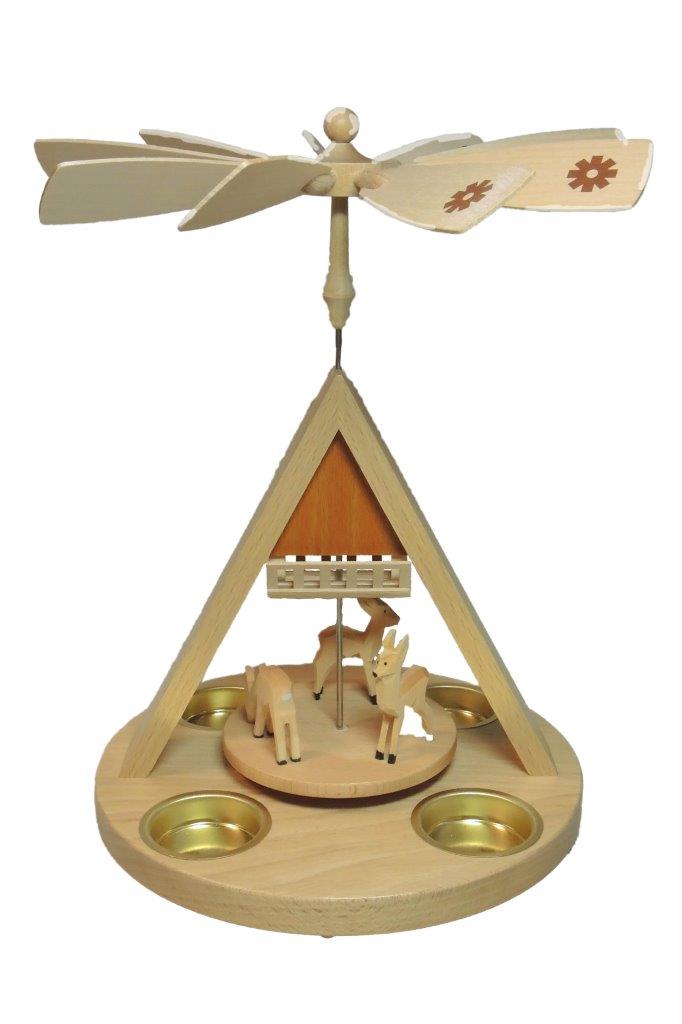 Richard Glaesser Pyramide Rehe mit Futterraufe für Teelicht aus Seiffen im Erzgebirge