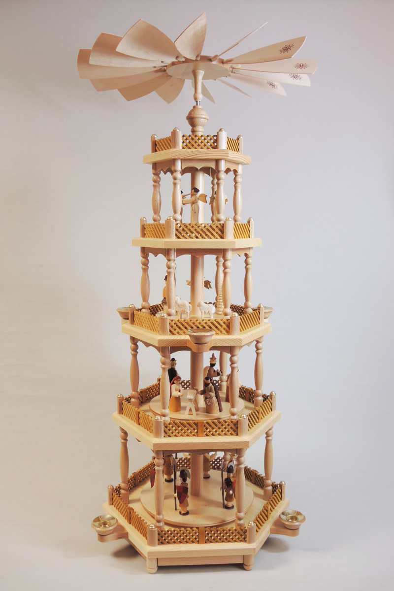Richard Glaesser Pyramide Christi Geburt natur 4-stöckig für Kerzen 86 cm aus Seiffen im Erzgebirge