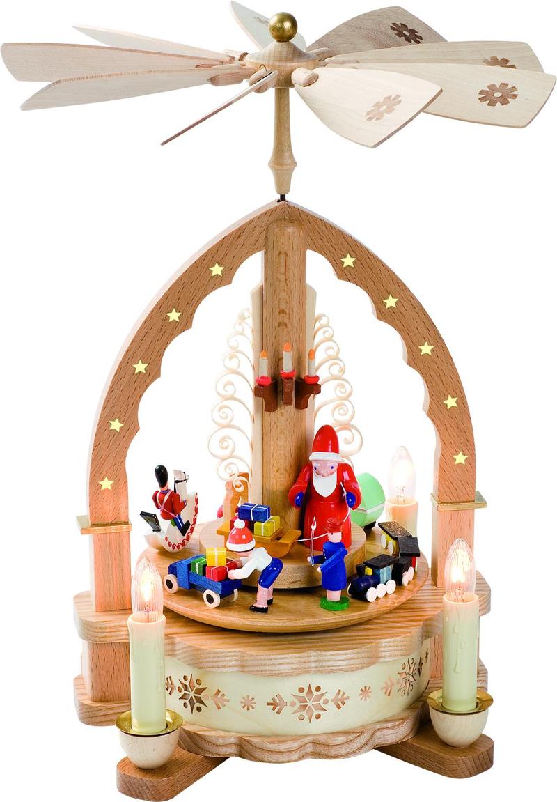 Richard Glaesser Pyramide Bescherung bunt, elektrisch beleuchtet und betrieben, aus Seiffen im Erzgebirge