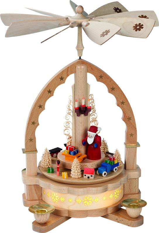 Richard Glaesser Pyramide Bescherung bunt mit beleuchtetem Sockel, aus Seiffen im Erzgebirge