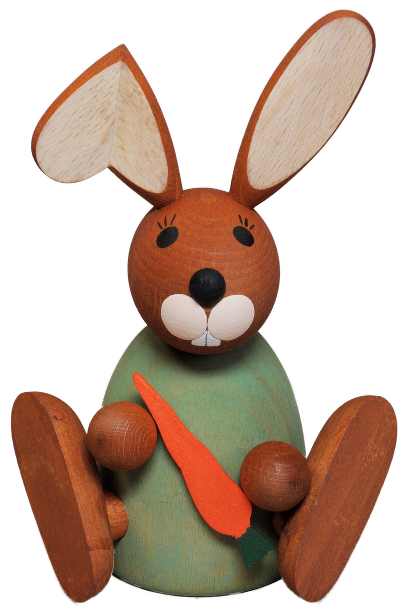 Richard Glaesser Hase grün, sitzend, mit Möhre, 16 cm, aus Seiffen im Erzgebirge